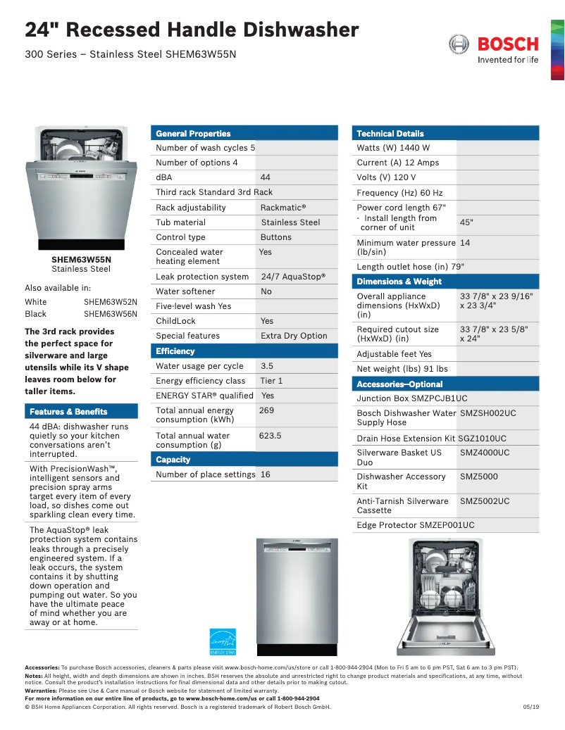 Page 1 de la notice Fiche technique Bosch SHEM63W55N