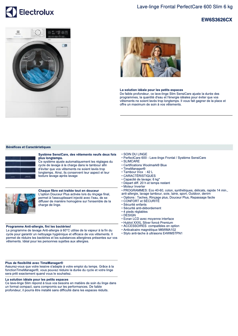 Page 1 de la notice Fiche technique Electrolux EW6S3626CX