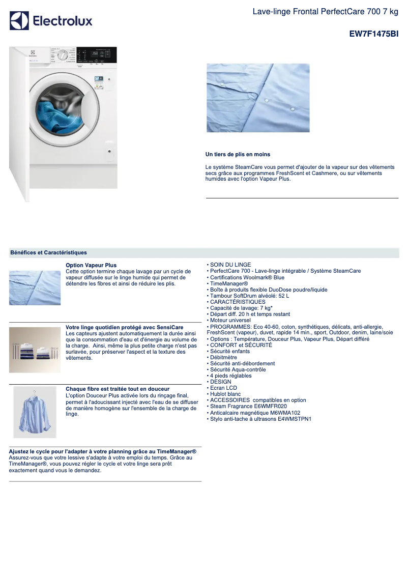 Page 1 de la notice Fiche technique Electrolux EW7F1475BI