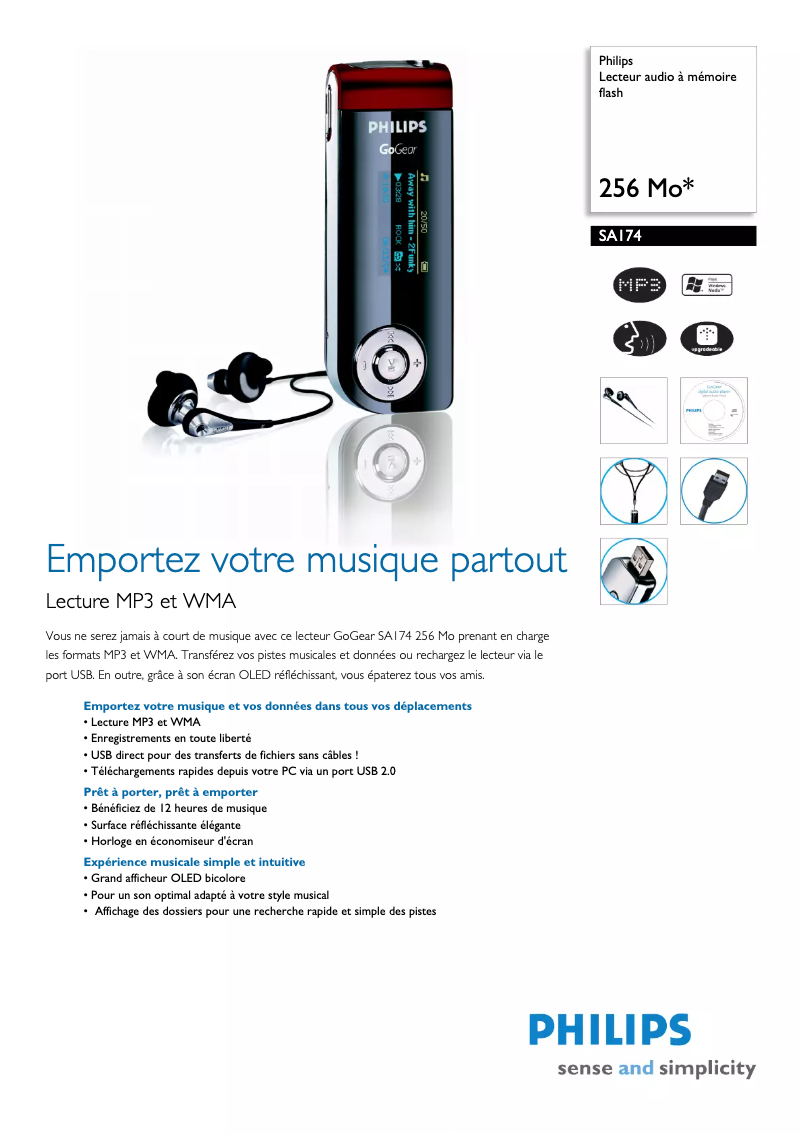 Page 1 of the manual Technical Sheet Philips GoGear SA174