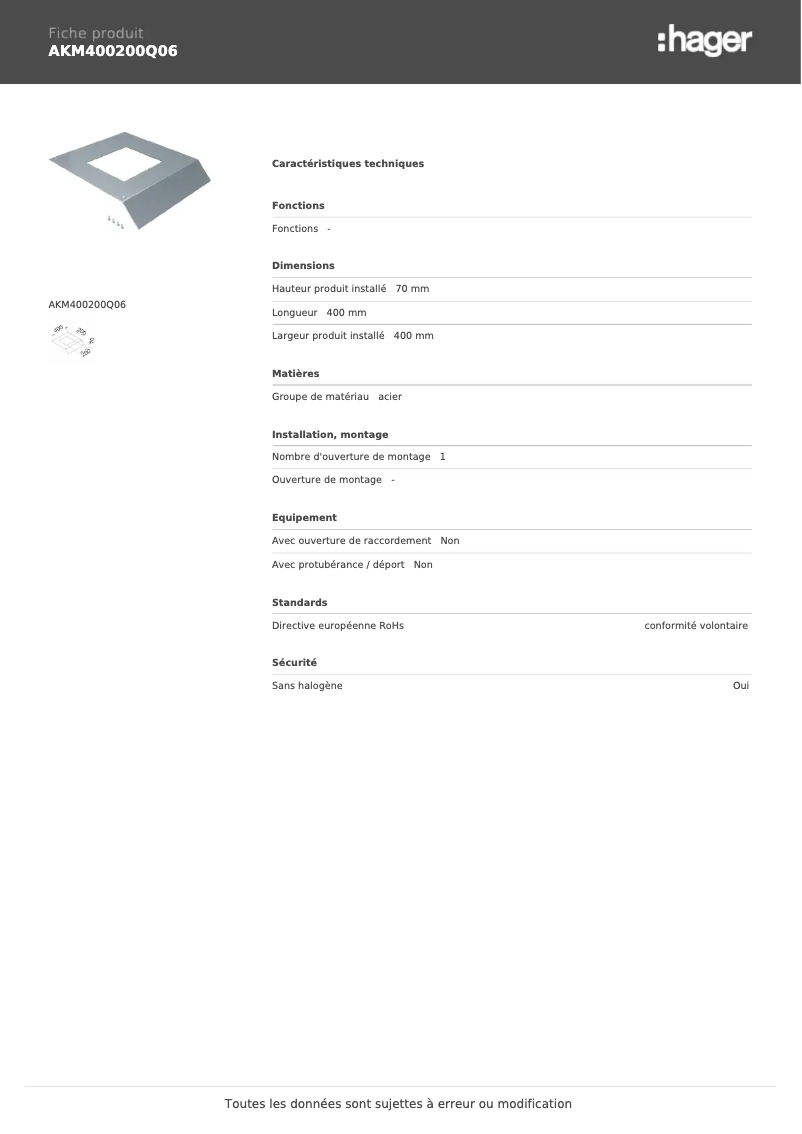 Page 1 de la notice Manuel utilisateur Hager AKM400200Q06