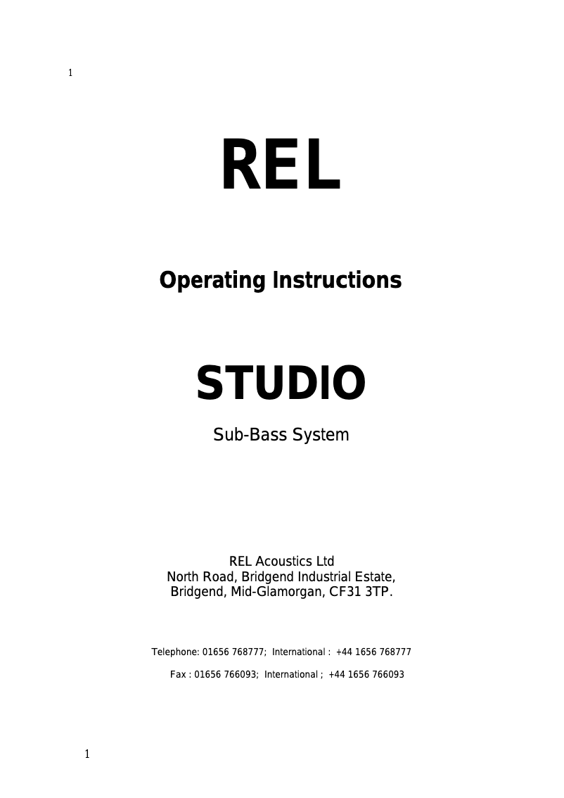Page 1 de la notice Manuel utilisateur REL Acoustics Studio