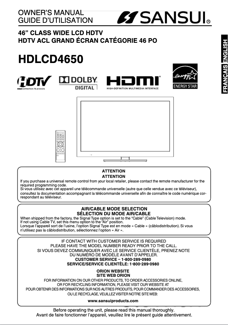 Page 1 de la notice Manuel utilisateur Sansui HDLCD4650