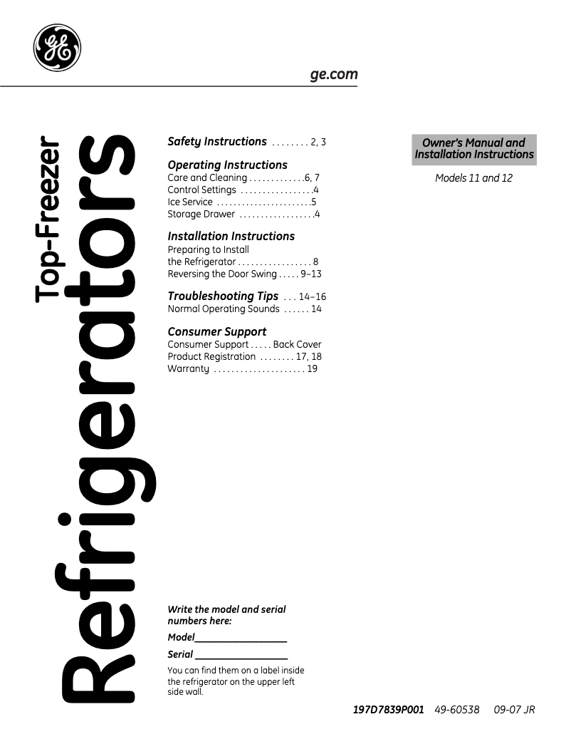 Page 1 de la notice Guide d'installation GE GTS12BBPLWW