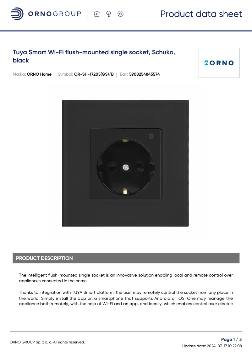 Page 1 de la notice Fiche technique ORNO OR-SH-17205