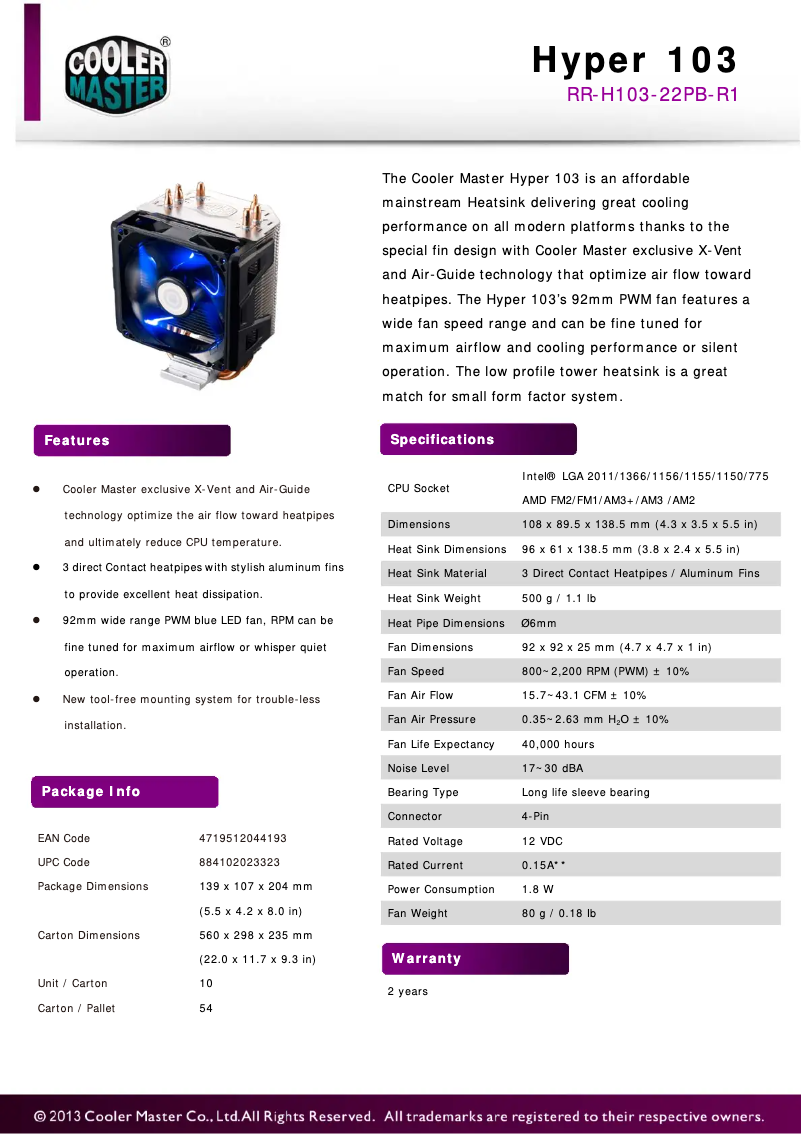 Page 1 de la notice Manuel utilisateur Cooler Master Hyper 103