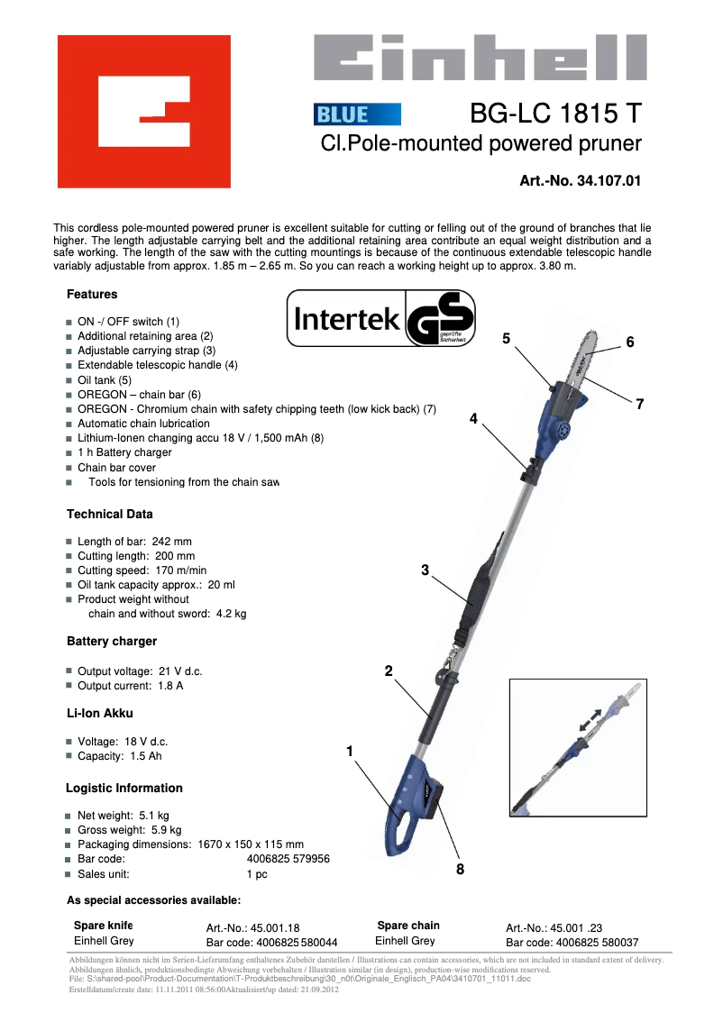 Page 1 de la notice Fiche technique Einhell BG-LC 1815 T
