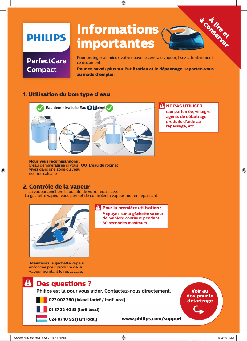 Page 1 of the manual Quick Start Guide Philips PerfectCare Compact GC7807
