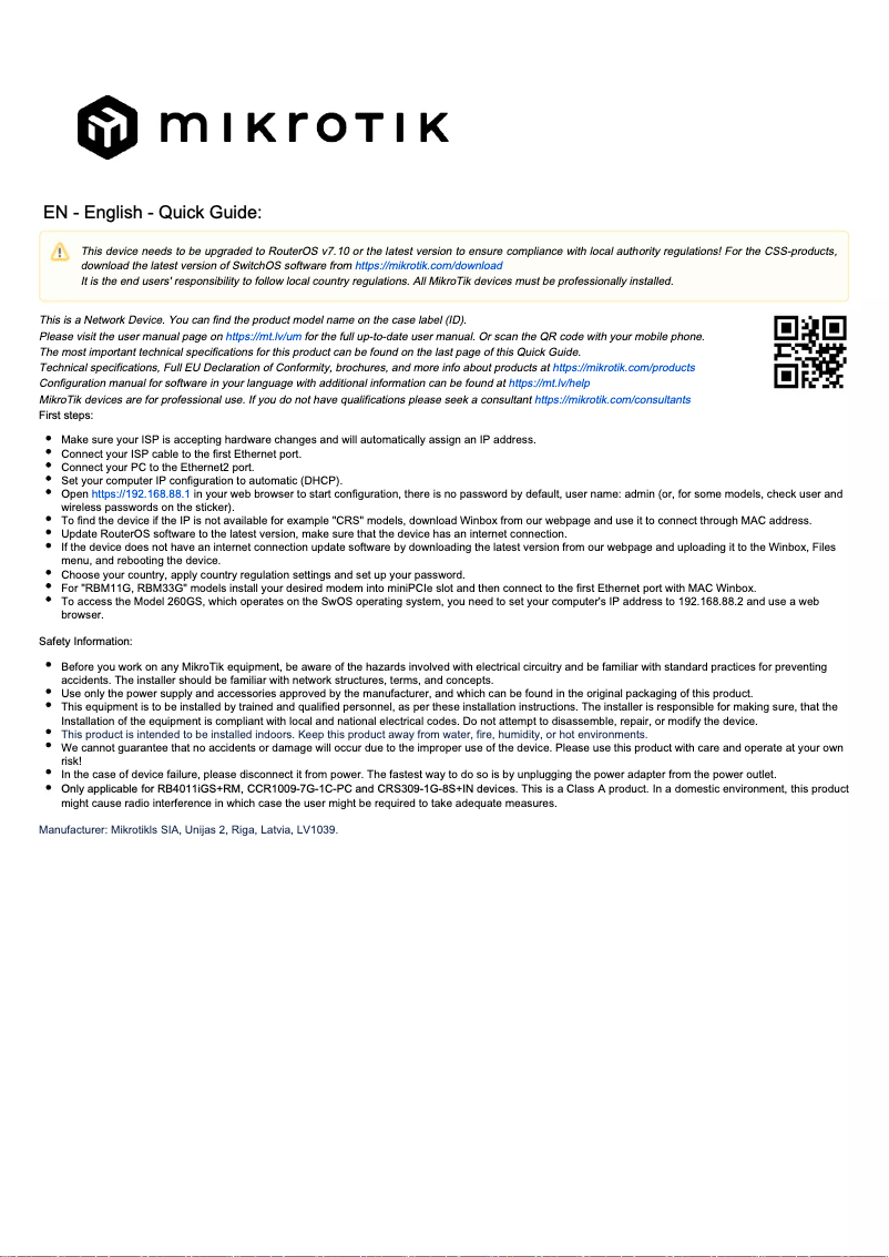 Page 1 de la notice Manuel utilisateur Mikrotik RB260GS