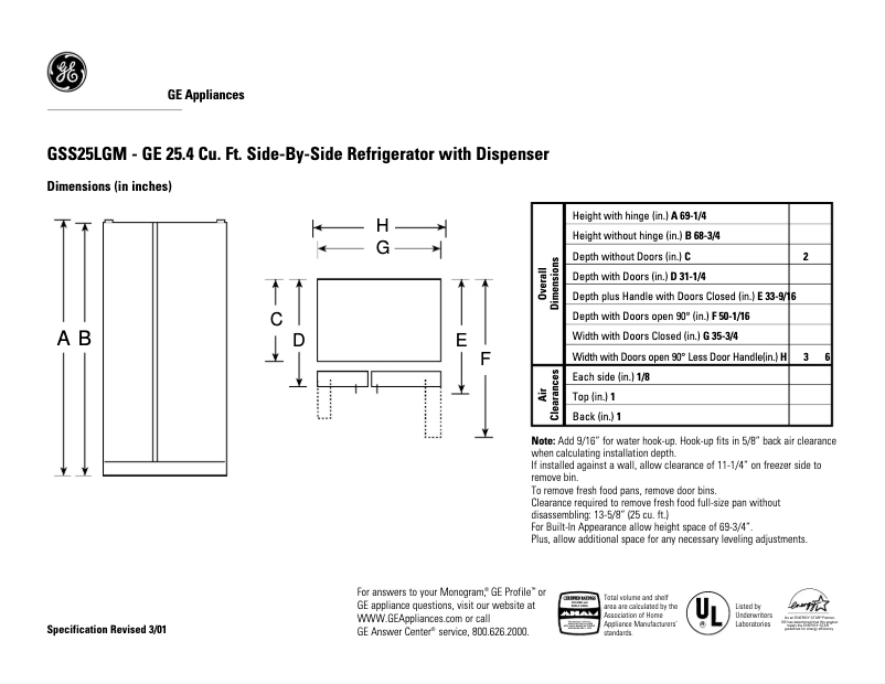 Page n°1 - Fiche technique GE GSS25LGMWW