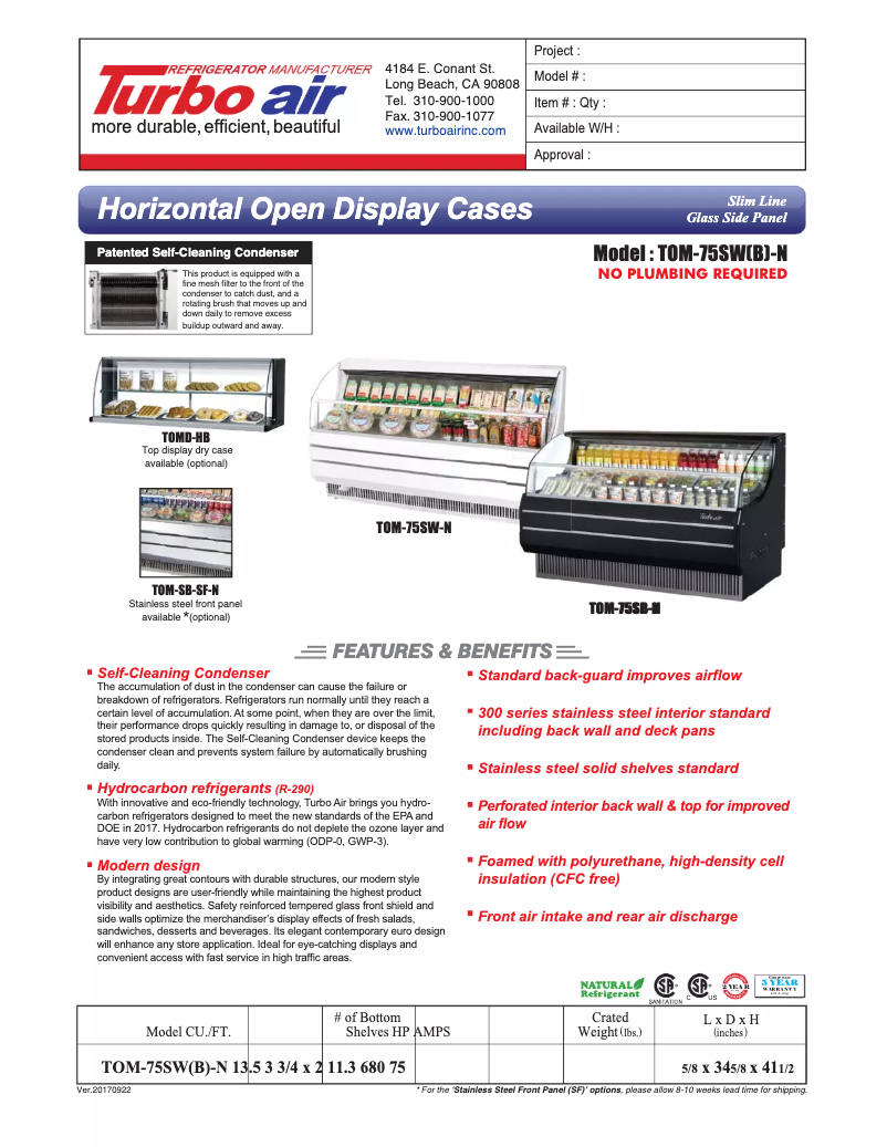 Página 1 del manual Ficha técnica Turbo air TOM-75S