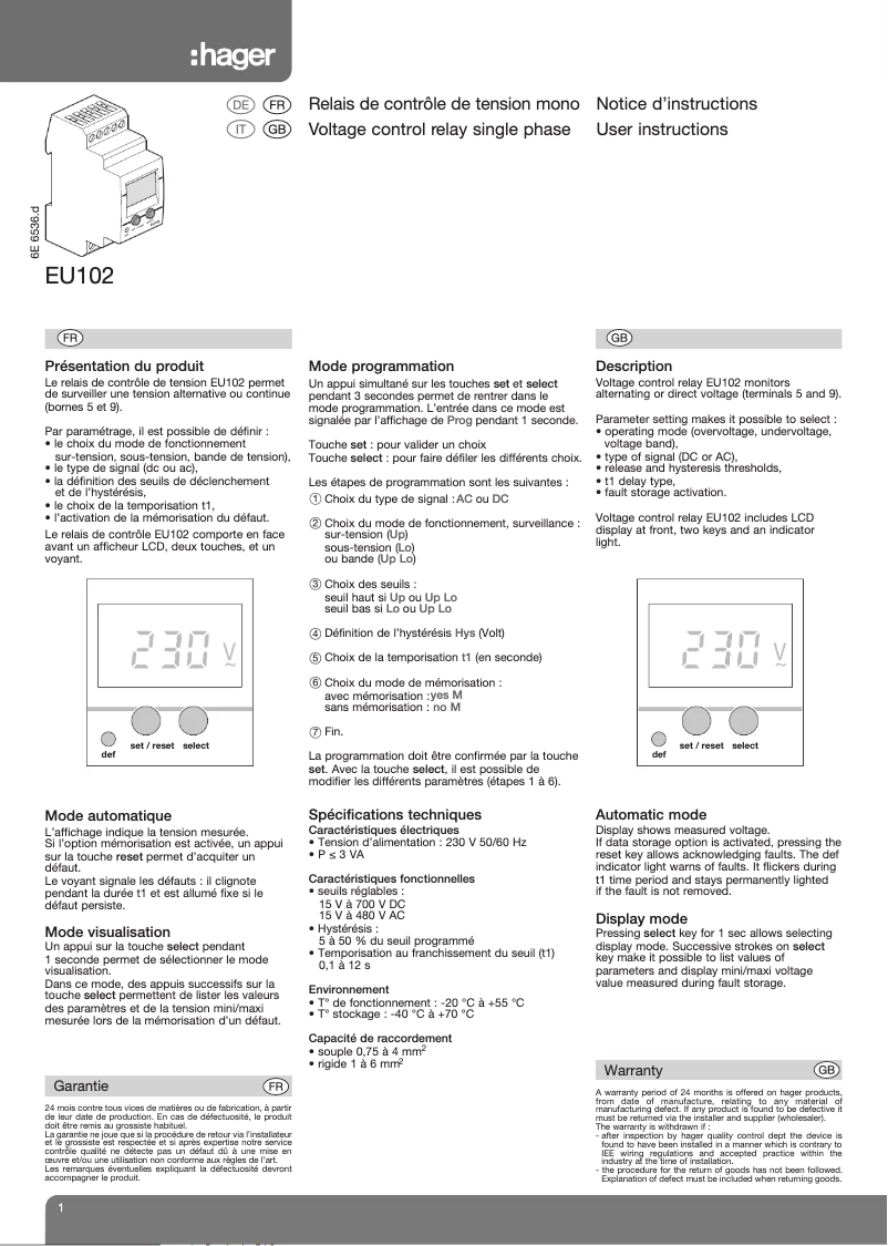 Página 1 del manual Manual de usuario Hager EU102