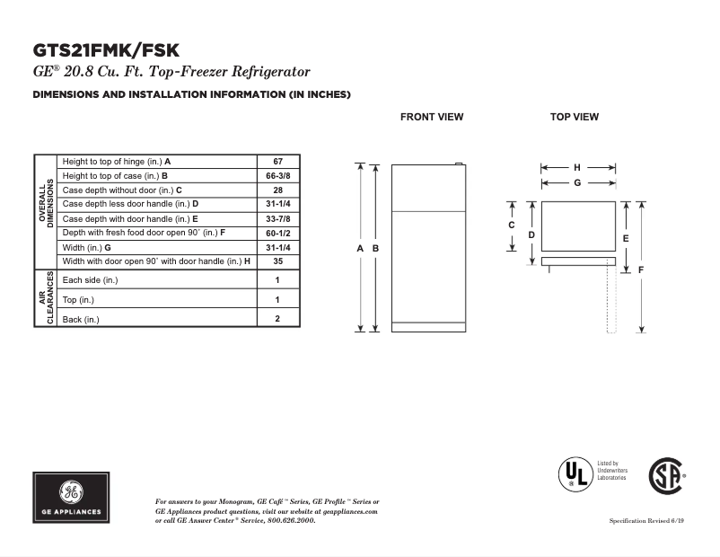 Page 1 of the manual Technical Sheet GE GTS21FSKSS