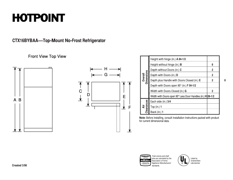 Página 1 del manual Ficha técnica Hotpoint CTX16BYBLAA