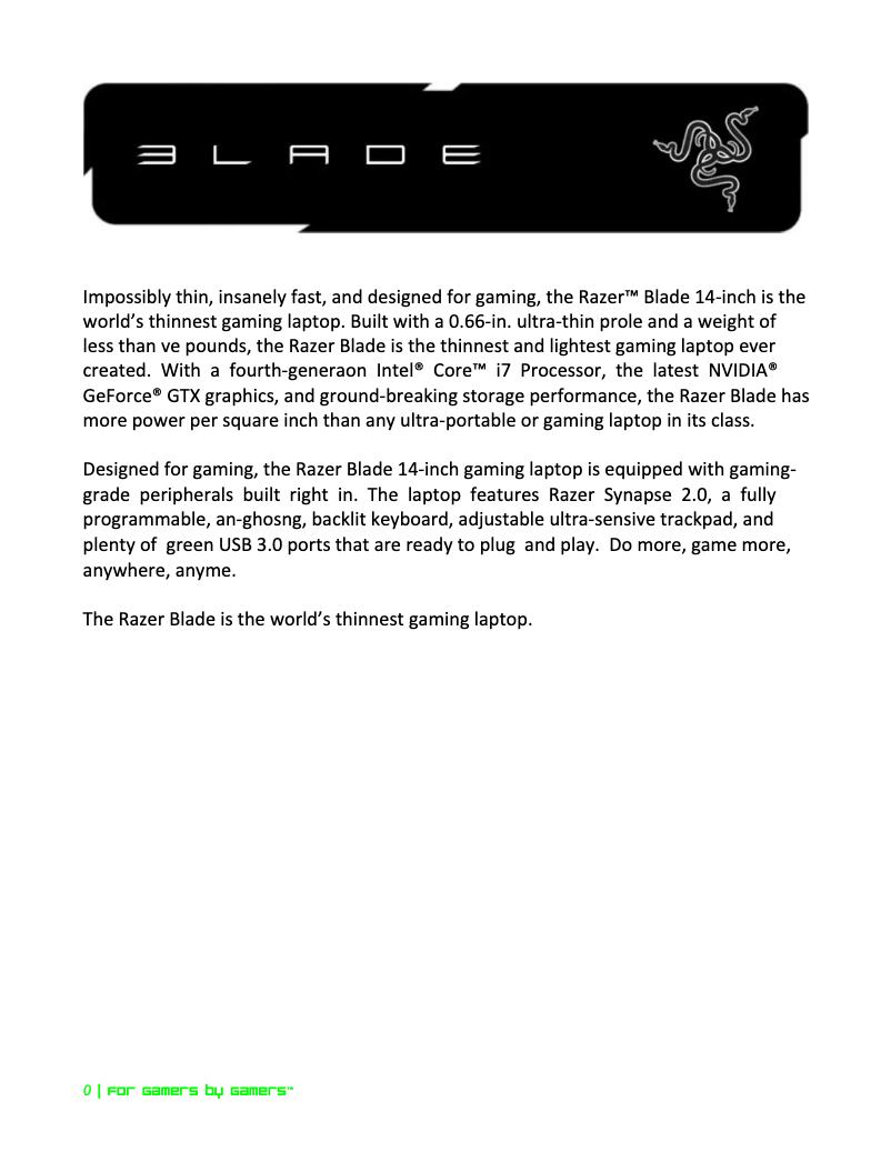 Page 1 de la notice Manuel utilisateur Razer Blade RZ09-0116