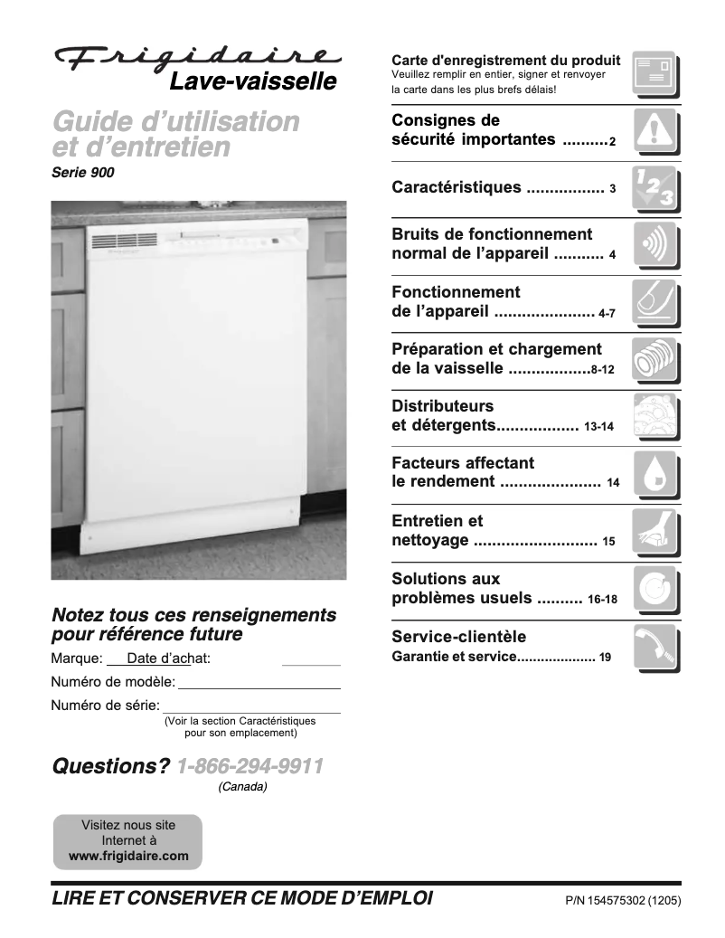Page 1 de la notice Manuel utilisateur Frigidaire PLDB998CC