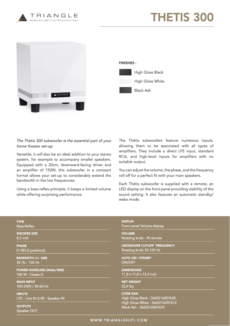 Page 1 de la notice Fiche technique Triangle THETIS 300