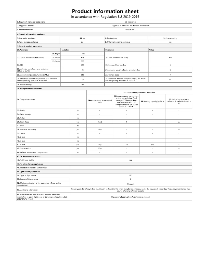 Page 1 de la notice Fiche technique LG GSGV80EPLL