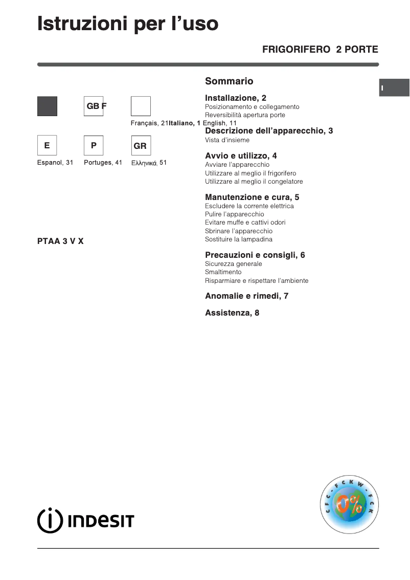 Page 1 de la notice Manuel utilisateur Indesit PTAA 3 V Xá