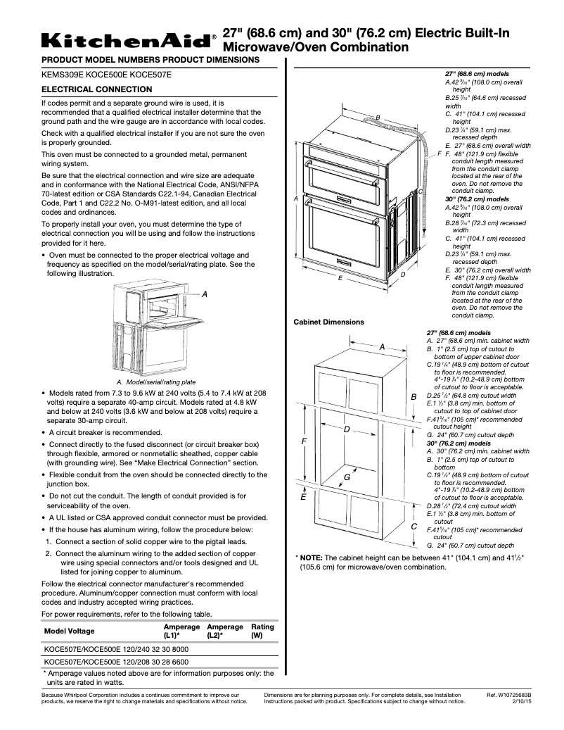 Page 1 de la notice Fiche technique KitchenAid KOCE507EBL