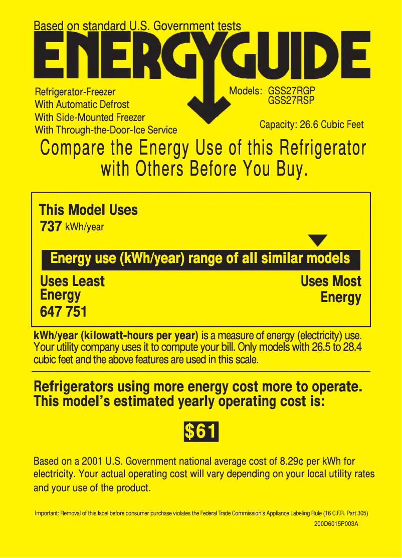 Page 1 de la notice Label énergétique GE GSS27RGPWW