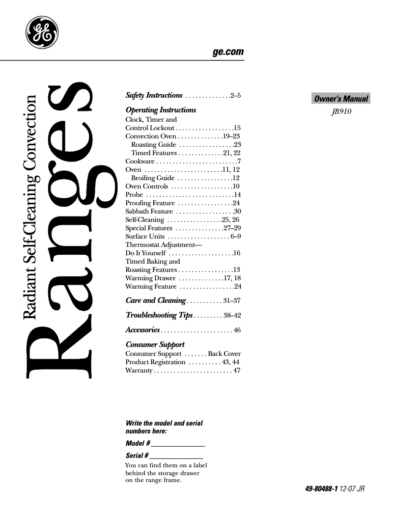 Page 1 of the manual Use and Maintenance Manual GE Profile JB910SKSS