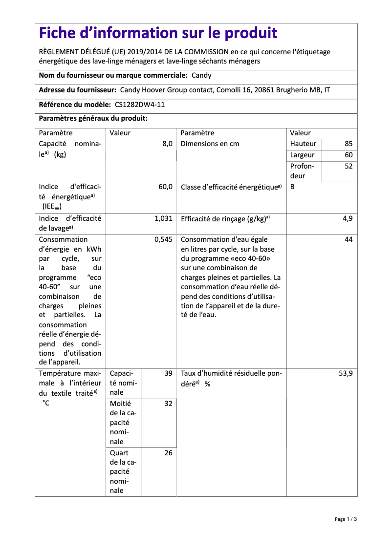 Page 1 of the manual Technical Sheet Candy CS1282DW4-11