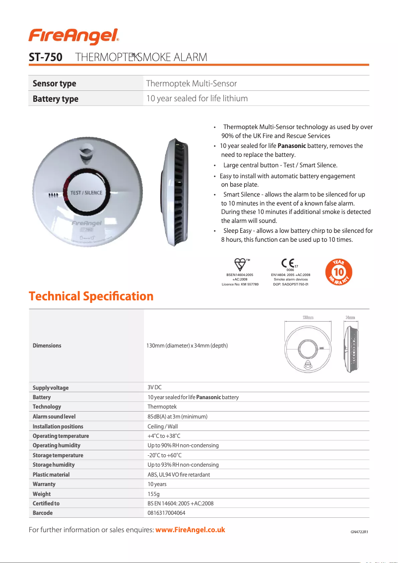 Page 1 de la notice Fiche technique FireAngel ST-750