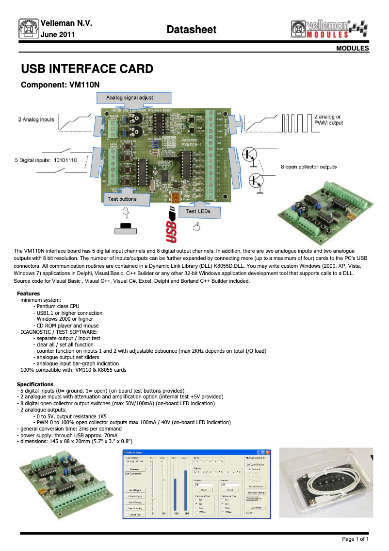 Page 1 de la notice Fiche technique Velleman VM110N