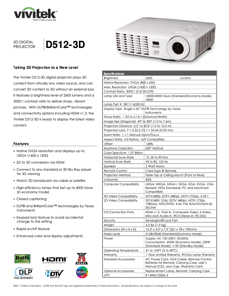 Página 1 del manual Ficha técnica Vivitek D512-3D