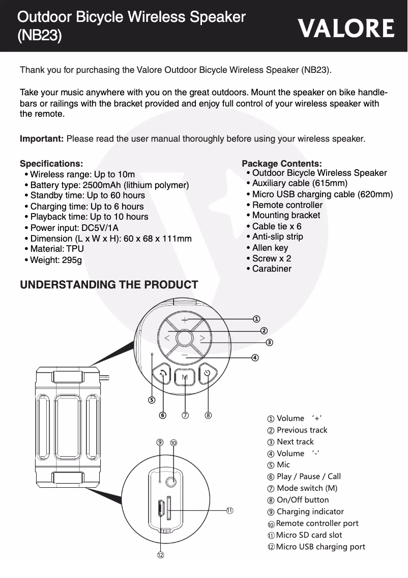 Page 1 de la notice Manuel utilisateur Valore NB23