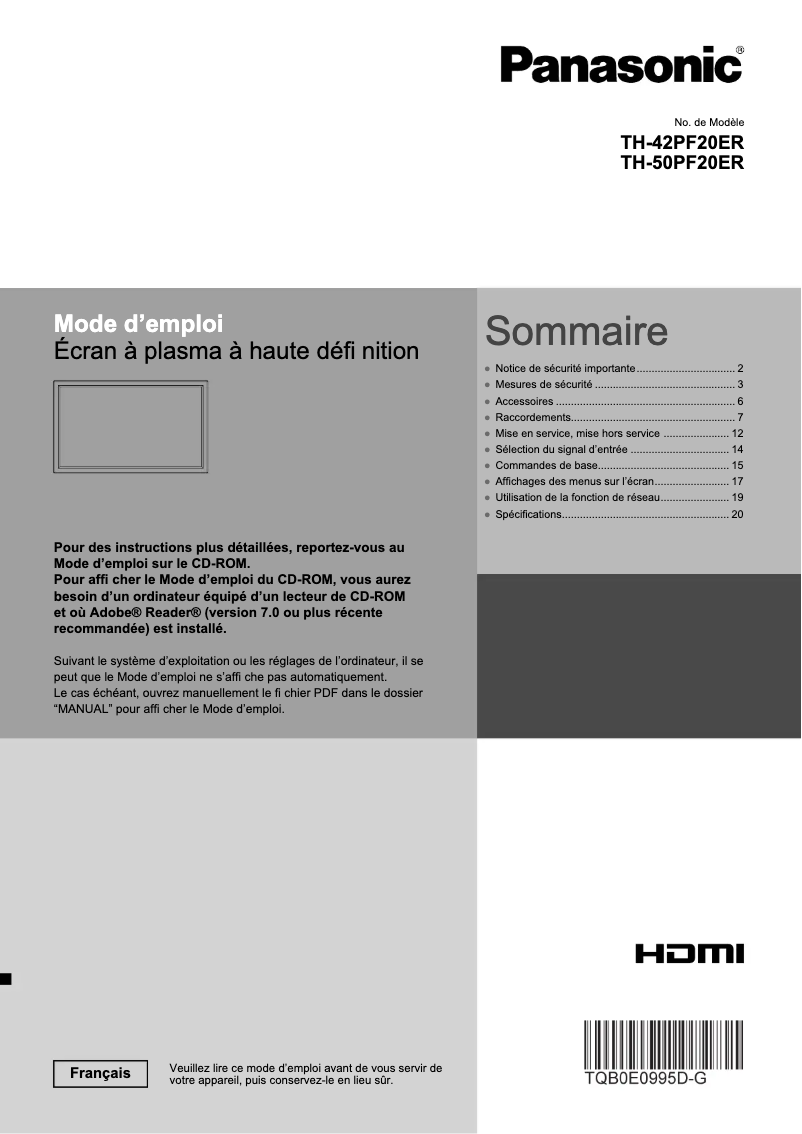 Page 1 de la notice Manuel utilisateur Panasonic TH-42PF20ER