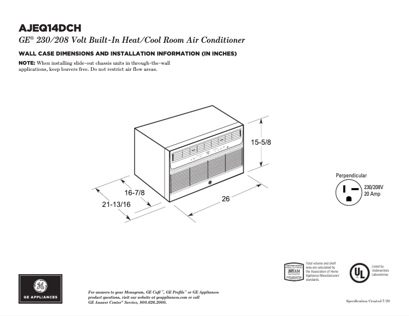 Page 1 de la notice Fiche technique GE AJEQ14DCH