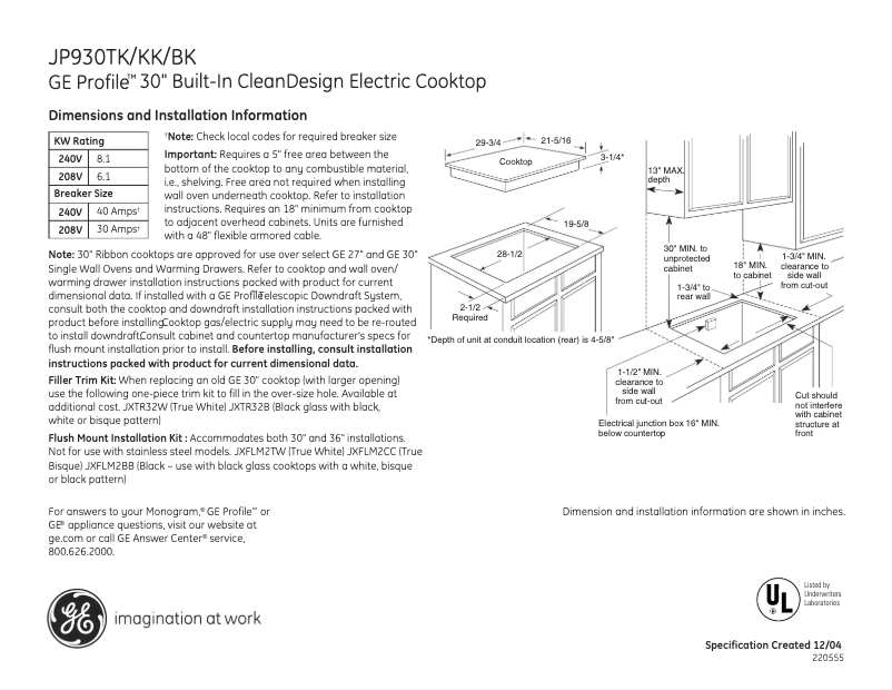 Page n°1 - Fiche technique GE Profile JP930TKWW