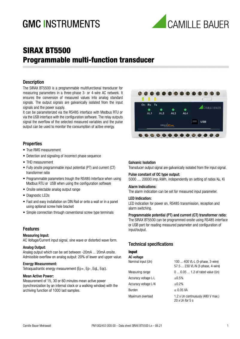 Page 1 de la notice Fiche technique Camille Bauer SIRAX BT5500