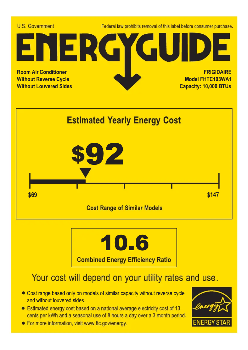 Page 1 de la notice Label énergétique Frigidaire FHTC103WA1