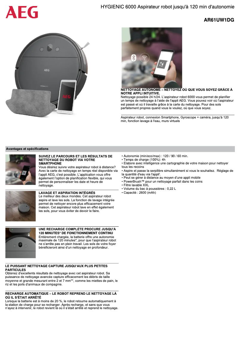 Page 1 de la notice Fiche technique AEG Hygienic 6000 AR61UW1DG