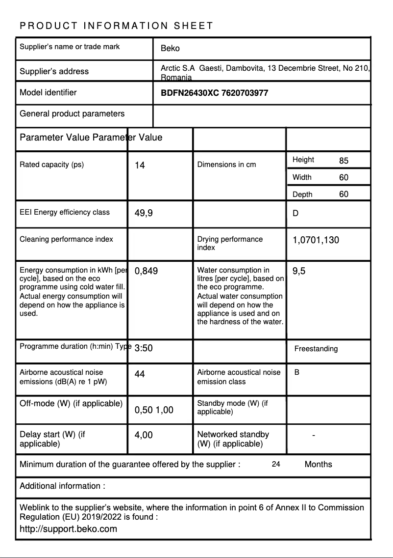Page 1 de la notice Fiche technique Beko BDFN26430XC