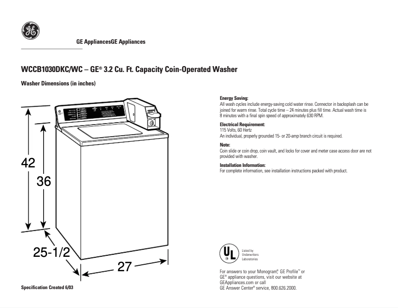Página 1 del manual Ficha técnica GE WCCB1030DWC