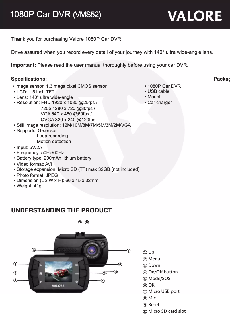 Page 1 de la notice Manuel utilisateur Valore VMS52