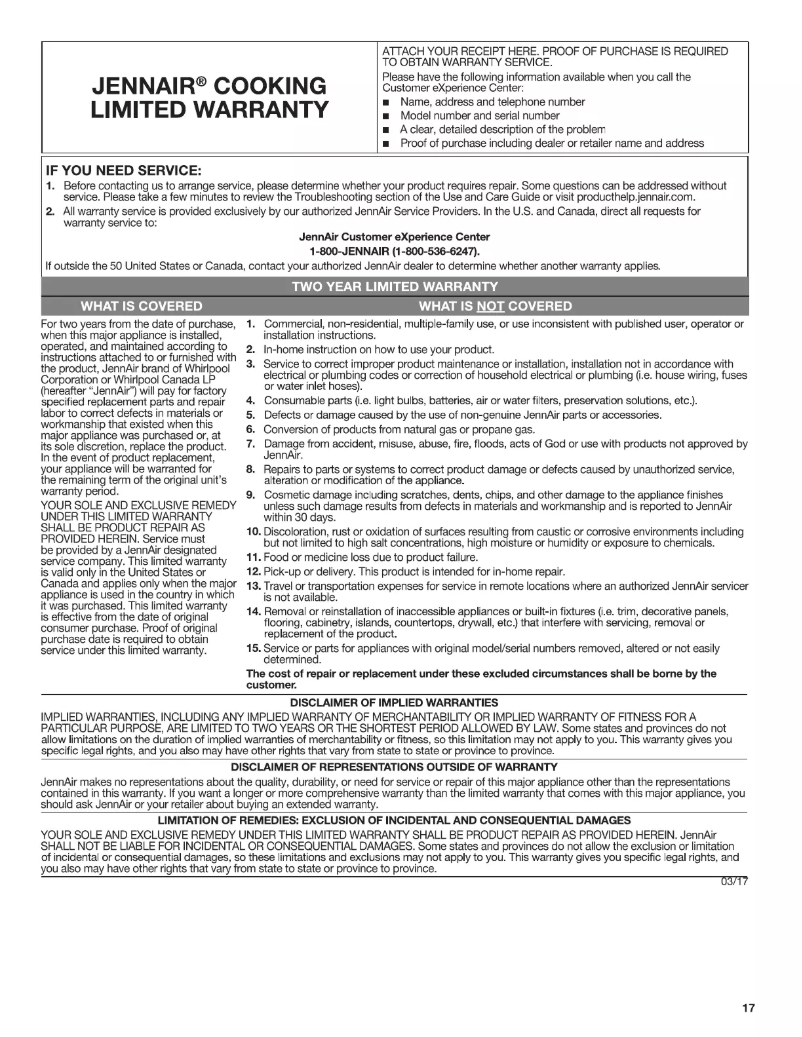 Page 1 de la notice Informations de garantie JennAir JMDFS24HM