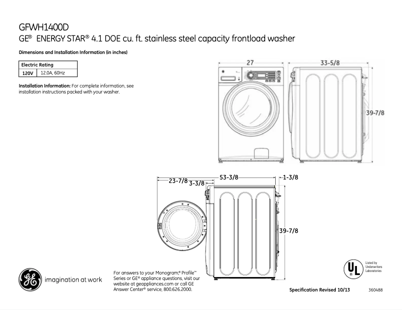 Page 1 de la notice Fiche technique GE GFWH1400DWW