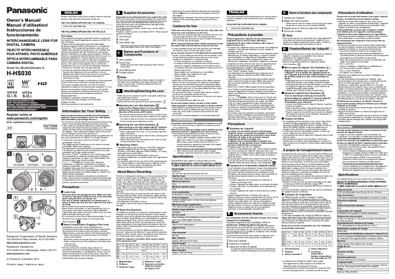 Page 1 de la notice Manuel utilisateur Panasonic H-HS030