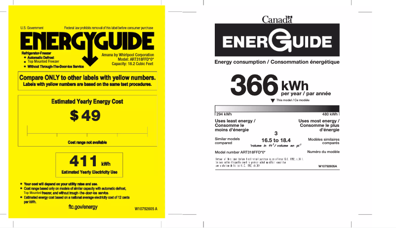Page 1 de la notice Label énergétique Amana ART318FFD