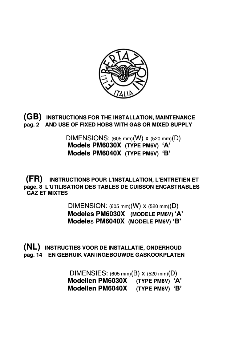 Page 1 de la notice Manuel utilisateur Bertazzoni PM6030X PM6V A