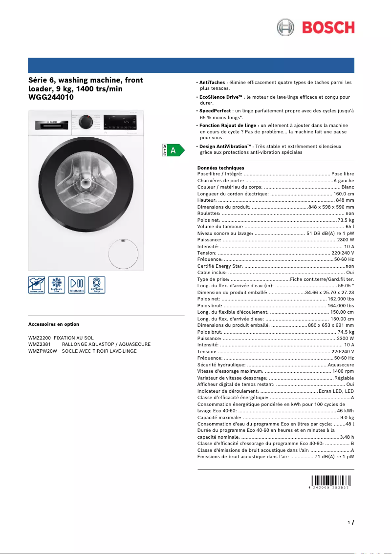Page 1 of the manual Technical Sheet Bosch WGG244010