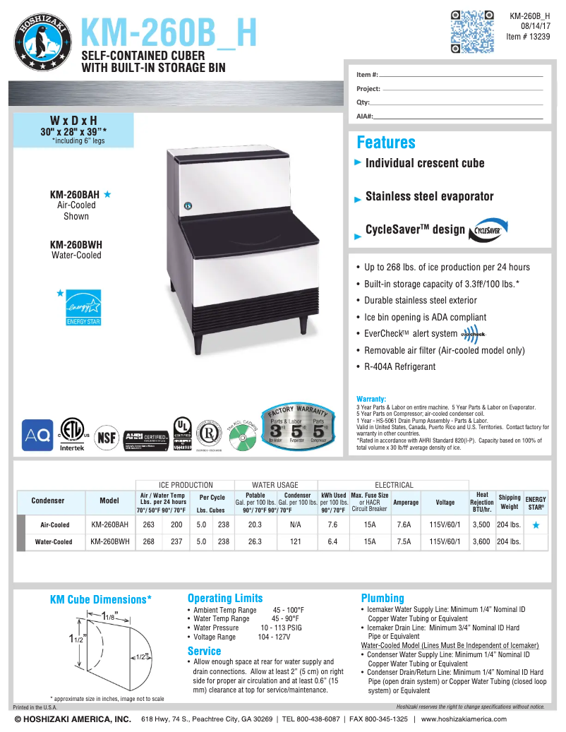 Page 1 de la notice Manuel utilisateur Hoshizaki KM-260BAH