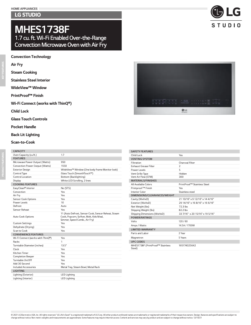 Page 1 de la notice Fiche technique LG MHES1738F