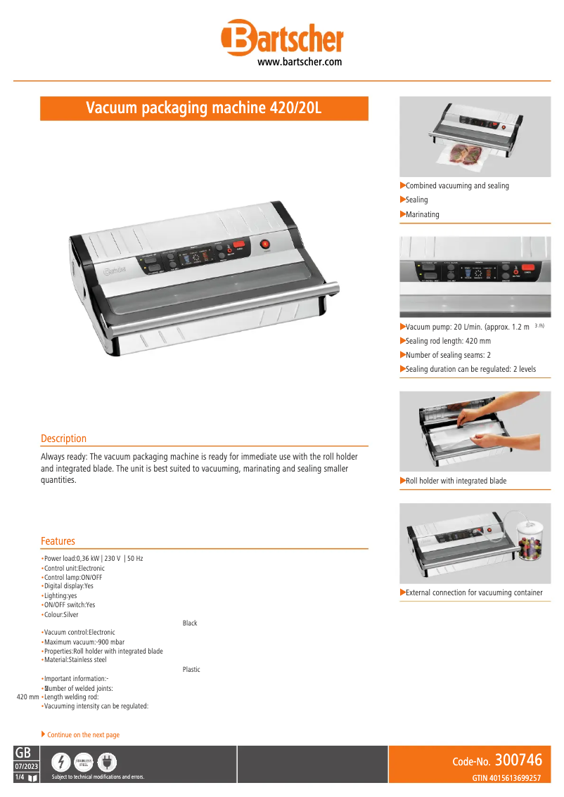 Página 1 del manual Ficha técnica Bartscher 300746