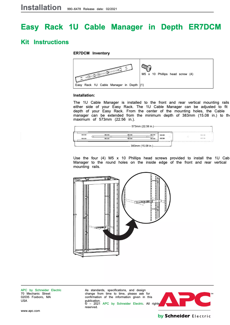 Page 1 de la notice Manuel utilisateur APC Easy Rack Cable Manager